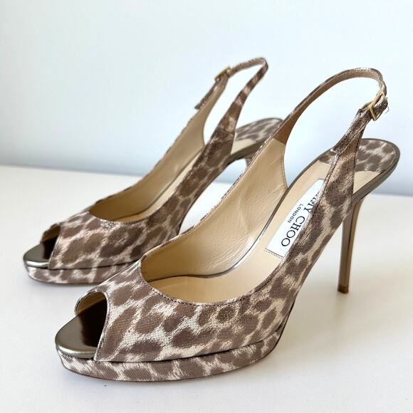Jimmy Choo Nova Leopard Print Gold Shimmer Leather Slingback Pumps Size 38 - Picture 3 of 16
